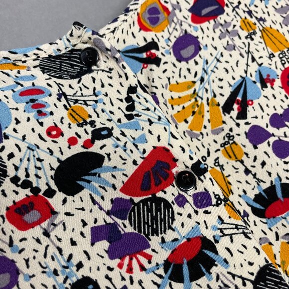 H&M Top Busy Abstract Print Eclectic High Low Cropped Sleeves Size 4 Button Back - Picture 10 of 11